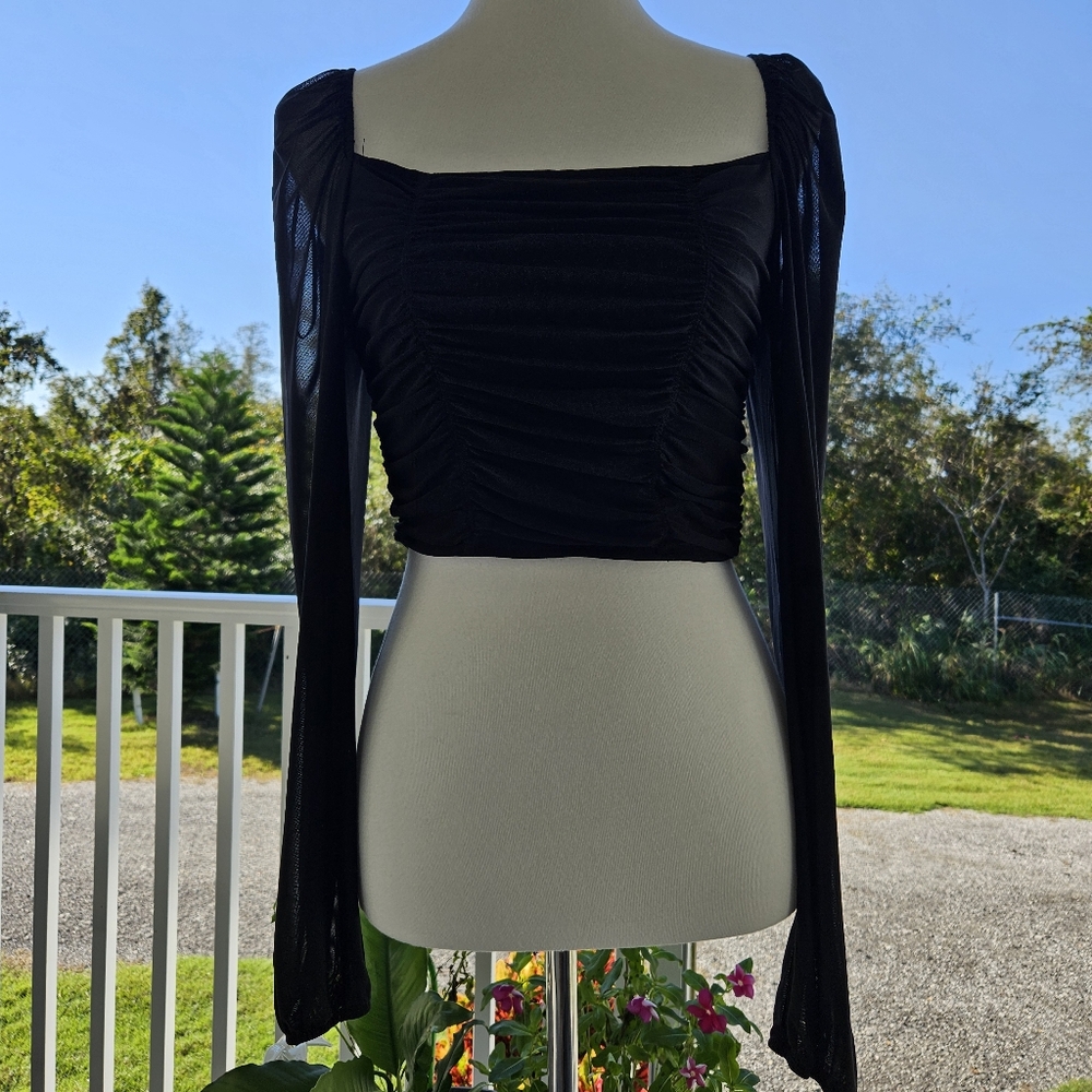 Divided by H&M Ruched Cropped Top Square Neck Sheer LS Size M Black Y2K Goth